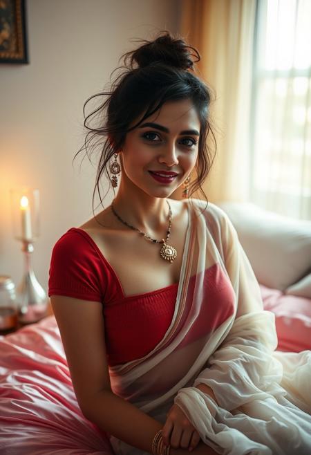 A beautiful pale bengali woman on bed, messed up makeup and clothes,
tight red blouse, sheer white saree,
messy hair, bun, sindoor, 
 diaphanous saree, wearing jewelry, lipstick, nice smile, seductive, window, light coming in, gorgeous bed with silk satin sheets, candlelight, romantic atmosphere
