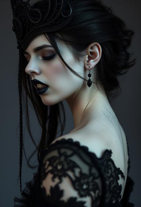 Close Up shot, Side view of a dark princess, pale sking, pale lips, vampire fangs, standing pose, in the style of infernal fasion, otherworldly beauty, infernalpunk, queencore, ornamented age aesthetics, coal and black, photography studio style