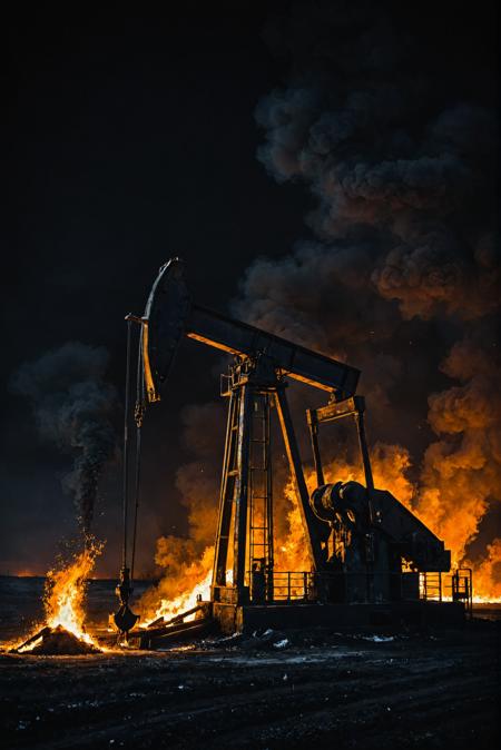Pumpjack, fire,
(oil on canvas:0.1), (nicola samori:0.1),  Jeremy mann,  dark shot, (vignetting:0.5), backlighting,
<lora:ClassipeintXL1.9:0.2>,, ,best quality, high resolution, extreme detail, outstanding composition, masterpiece,