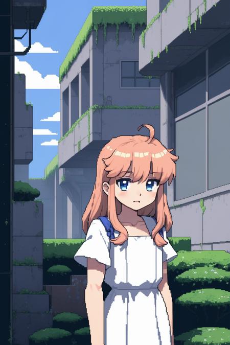 (game,8bit,pixel art:2),anime,1girl,(upper body:1.4),face , white dress, outdoors,pastel color, debris,  abandoned buildings, plants,