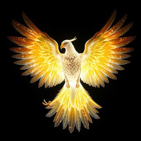 ave fenix, fondo oscuro, primer plano, alas desplegadas, iluminacion derecha, cuerpo de patatas, cortadas, rodajas,