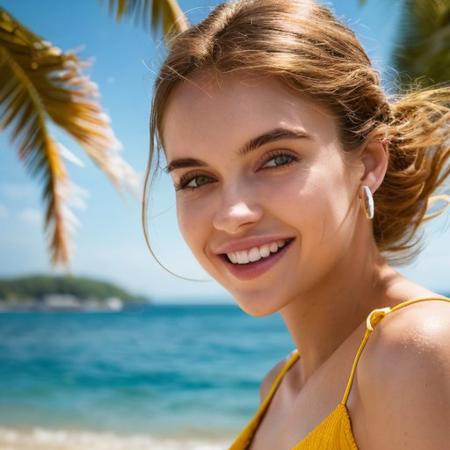 Candid photo of a young woman, age 20, wearing summer clothing, smiling gently, upper body framing, on a sunny tropical beach under the vibrant diffused lighting of a sunny day, shot at eye level on a Canon EOS 5D with a 50mm lens, in the style of Alberto Seveso., (masterpiece, best quality, hires, high resolution:1.2, 4k, 8k , high quality), extremely detailed, realistic, intricate details, highres, <lora:Kiiira_set2_V3_reg:1>