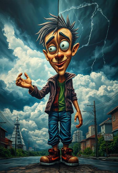 Distinct split composition depicts intense dramatic weather in a street art piece. A whimsical animated figure with expressive features and exaggerated gestures tells a story against lush backgrounds.  Stormy skies and bold areas create high tension and a cinematic atmosphere.