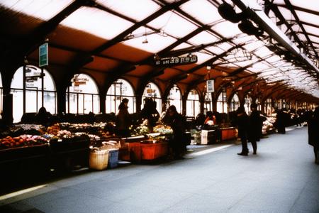 lomo style photograph of a train station converted into a market