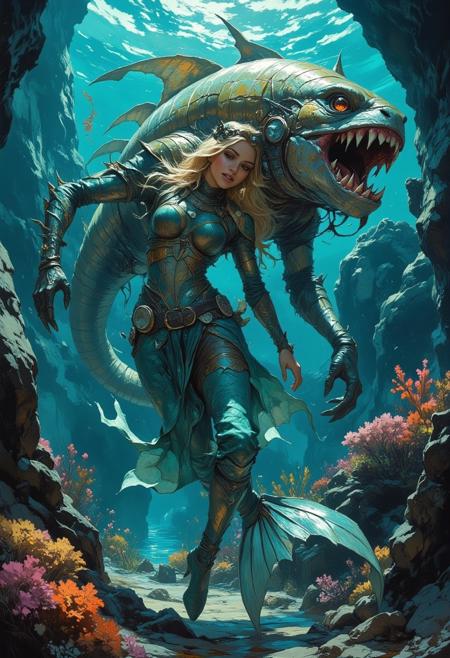 score_9, score_8_up, score_7_up, 8k high quality digital painting, masterpiece, very detailed, ultra realistic, (best quality) very detailed epic masterpiece, boris vallejo style, frank frazetta style, realistic oil painting, retro artstyle, full body,  beautiful sexy mermaid with fins swims under the sea with a big menacing piranha-like squid-like monster, beautiful corals, sexy, sunken sailing ship in the background, realistic detailed oil painting style Rembrandt style, Vermeer style, Dungeons and dragons atmosphere, heroic fantasy, realistic, realism, full body