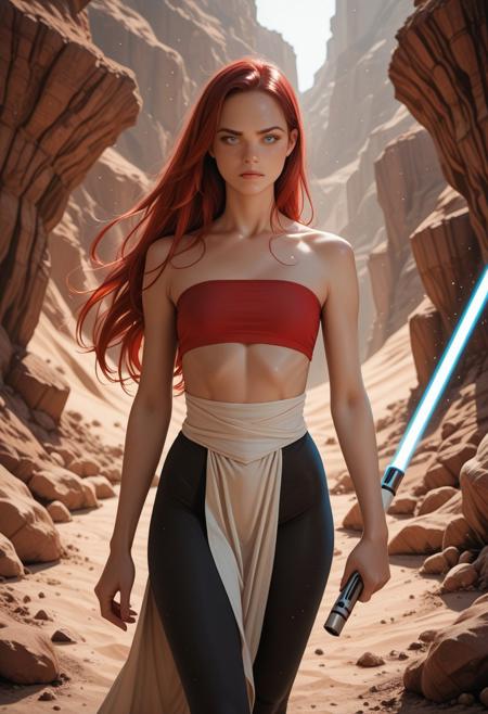 , 8K, high contrast, very aesthetic, photorealistic, HDR, masterpiece, best quality, amazing quality, ultra-detailed, 16k, high-resolution, absurdres, game art, Detailed, newest, scenery, chiaroscuro, volumetric lighting, dappled light, light particles, dramatic shadows, cinematic lighting, photo background, 
BREAK
1girl, joana, long straight hair, light blue eyes, slim, red hair, small breasts, angry face 
beautiful detailed eyes, detailed skin, detailed hair, perfect hands, hair reflects, skin reflects, shiny skin, perfect anatomy,
BREAK
god rays, 
jedi. red tube top, black leggings, white loincloth, holding blue lightsaber, fighting pose, desert