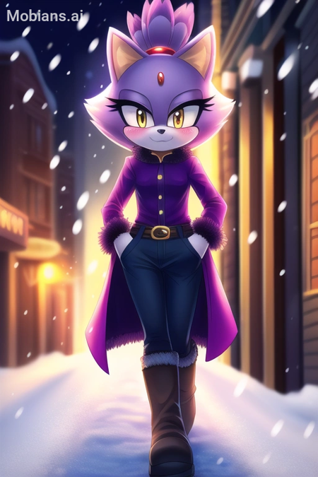 ((Masterpiece)), high quality, studio quality, vibrant colors, vibrant lighting, 4k, 1girl, Blaze the cat, yellow eyes, black jeans, boots, looking at viewer, hands in pockets, belt, :3, blush, fur-trimmed coat, city, snowing, snowflakes, walking