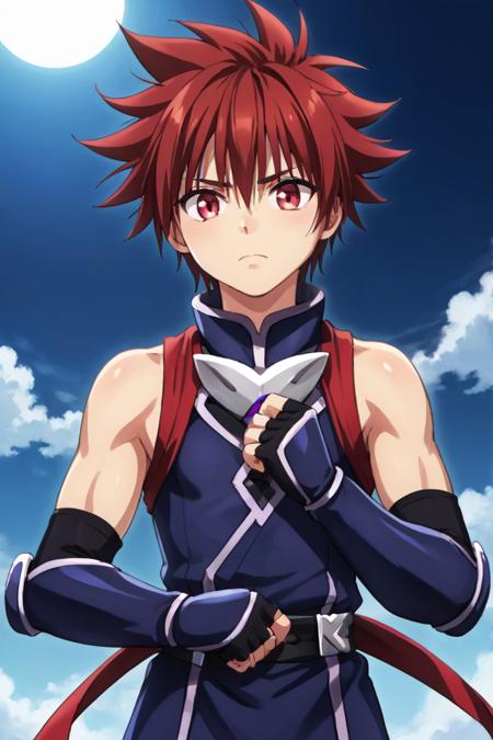 Matsuri Kazamaki M red hair spiky hair red eyes violet sleeveless ninja outfit, long black fingerless arm gloves, arm gauntlets, golden ring on left arm, leg greaves, black socks, red sandals