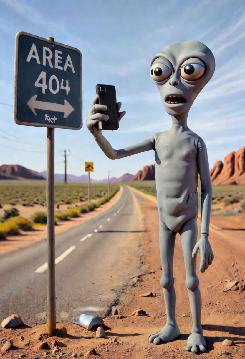 A dusty and dented metal road sign that has "Area 404" painted on it. with an little grey alien taking a selfie next to it...