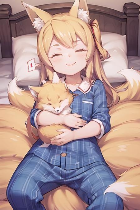 <lora:Jingai-Modoki-UMCEKO-V1-Final:1>, jingai modoki, lying, smiling, 1girl, pajamas, blonde hair, fox ears, on bed, cuddling, pov, cuddling, sleeping