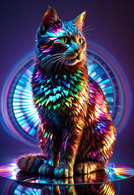 A stylized cat made of compact discs, its body reflecting iridescent light with rainbow hues, intricate patterns of CDs layered to form fur, futuristic and artistic design, glowing reflections, soft ambient lighting, highly detailed, hyper realistic textures, colorful and creative composition, studio background, made of cd's