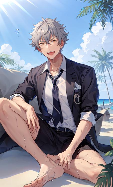 <lora:koga:0.6>,1boy, gold eyes,detailed eyes,:d, teeth, shirt, necktie,wet,sitting,rainbow,bubble,sea,beach background, sunlight, bird, coconut trees, lapels,ray tracing,(god rays),plants,lapels,ray tracing,(god rays)