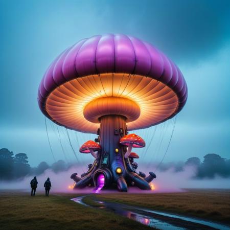 sfw, shnywrld, art style,  ,masterpiece,(best quality),extremely detailed ,   scifi, cyberpunk, steampunk, inflatable, zipper, mushroom, dramatic scene, in an open space, liminal,colourful fog, mist,colourful smoke, , shnywrld<lora:challenge\shinyworld_2dim.safetensors:0.75:0.75>