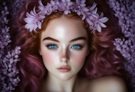 This is a highly detailed, high-definition photograph featuring a young woman with an ethereal, dreamy quality. She has striking, striking blue eyes with long, dark lashes and is adorned with a radiant, sun-kissed complexion covered in tiny, glittering specks, and lilac flowers, giving a magical, fairy-like appearance. Her hair is a vibrant, pastel pink color, styled in loose waves and adorned with a crown of fresh, blooming purple flowers, primarily lilacs, adding to her whimsical, otherworldly look.rockabilly style, 1girl, solo, realistic, pink hair, flower, looking at viewer, freckles, portrait, blue eyes, lips, 1950's