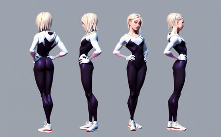 Multi view, front view, side view, rear view, reference sheet, game character design, 1 girl, blonde, hands on hips, tights, hood, hooded tights, ass, skin tightness, hooded down, breasts, simple background, full body, small breasts, short hair, gray background, looking at the audience, standing, shoes, spider web pattern, ballet slippers, eyebrow piercing, from the side, smile, gloves, sneakers,<lora:xieshisanshitu:1>,