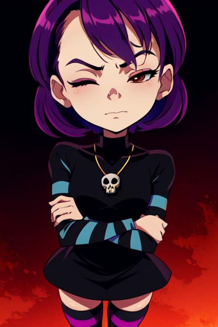 Gaz, short purple  hair, closed eye,  one eye open,   standing,  crossed arms, 
GAgoth, black dress, skull necklace, striped thighhighs,striped sleeves, 
park, night, 
(insanely detailed, beautiful detailed face, masterpiece, best quality)   <lora:Gaz:0.8>