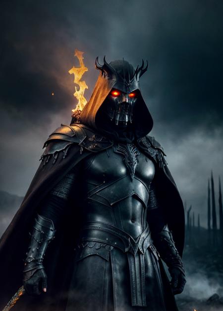 ((best quality)), ((masterpiece)), (detailed eyes and face), A towering dark lord standing in shadow, wearing blackened iron armor, a massive crown of iron fused to his head, glowing burning eyes like coals, long dark cloak flowing behind him, (a dark aura swirling with smoke and shadow), his form wounded and limping, ancient and terrifying, gothic fantasy setting, dramatic lighting, ultra detailed, 8k, epic dark fantasy