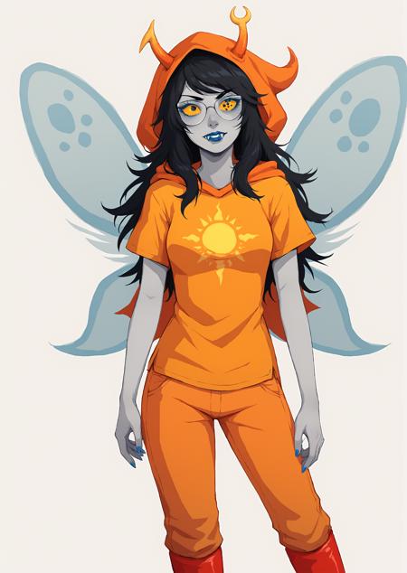 vriskaserket grey skin, yellow sclera, long black hair, horns vriskastart, jeans, tank top, jacket, shirt print, sneakers vriskadress, white dress, thighhighs vriskagod, orange clothes, hood, sun print, t-shirt, orange pants, red boots