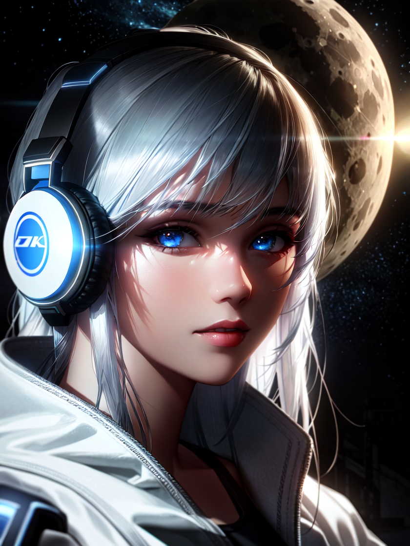 (on the moon, space, looking back into earth), white hair, black tank top, volumetric lighting, white jacket, glowing head...