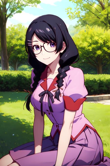 masterpiece, best quality, highres, detailed, 1girl, solo, looking at viewer, smile, , hanekawa01, long hair, braid, twin braids, hair ribbon, glasses large breasts, skirt, black hair, pink shirt, hair ornament,school uniform, purple eyes, hairclip, short sleeves, naoetsu high school uniform, close up, sitting on the ground,  garden, trees, <lora:hanekawa-tsubasa-v3:1>