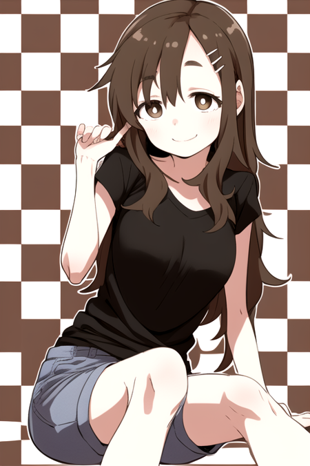 masterpiece, best quality, 1girl, solo, brown hair, brown eyes, bright pupils, long hair, hairclip, smile, checkered background, black shirt, shorts, jeans, short sleeves,