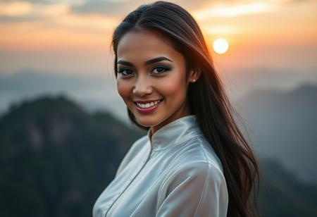 Gorgeous, deep Bronze-skinned Eurasian exotic model with long shiny black hair, thin, angled eyebrows, blue eye shadow, ruby full lips, slim and voluptuous body, wearing a translucent white silk Ao Dai, on top of a mountain at dawn, smiling