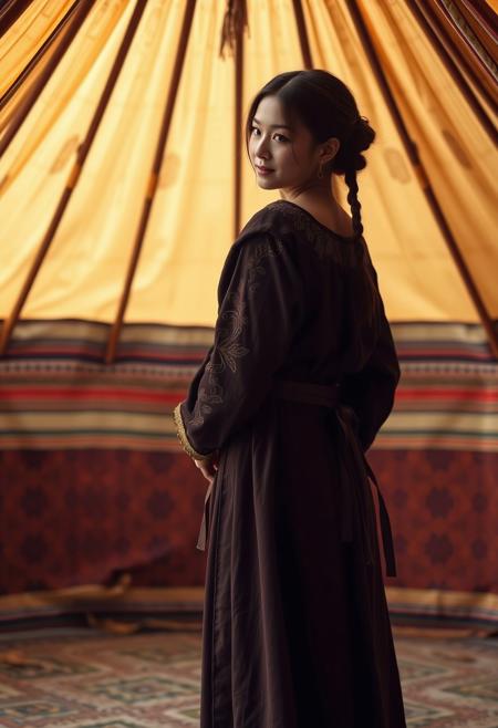 1girl, Mongolian girl, full body shot, standing inside, in the middle of a Mongolian tent, medieval, beautiful upper class dress, in the process of undressing, starting to take her dress off, sideboob, seen from behind, face turned, looking sideways, subtle smile, unaware of being watched