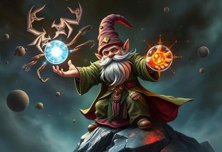 gnome absolute magician on the pinacle of its power weilding powerful orbs of magic attacking a whole planet by himself