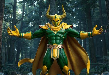 "A hyper-detailed concept art scene featuring the Marvel character Ikonn, the Golem Rock Hammer, standing proudly in a dynamic pose with arms outstretched. Dressed in a vibrant green and yellow suit adorned with a flowing yellow cape, Ikonn's head is crowned with a yellow helmet featuring prominent horns, symbolizing strength and power. Set against a Closed Forest background, the scene highlights the vivid colors and intricate details of Ikonn. Rendered in hyper-realistic 3D with Octane Render, the composition showcases sharp lines, stunning colors, and impeccable balance. Inspired by contemporary aesthetics and Grammer Effect Style, the image conveys vivid emotions and a powerful message. Trending on ArtStation, 4K, ultra-detailed, and impeccably composed."