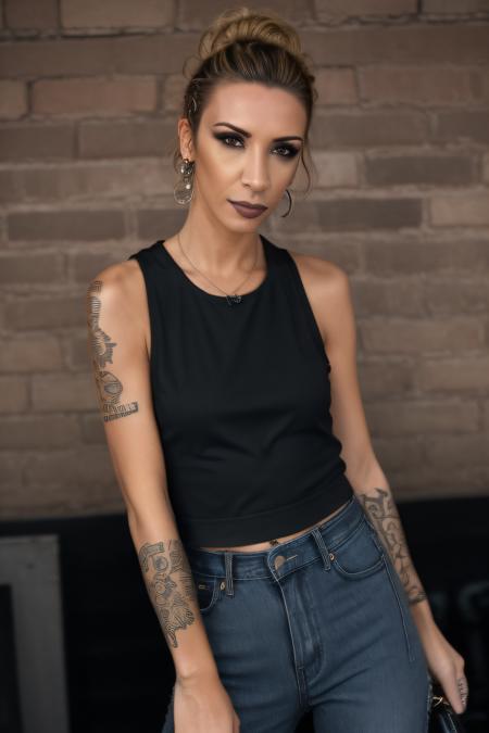 balcicekilter01, ((woman staring intensely into the camera)), standing at a party, black short hair, bangs, tattoo, goth aesthetic, punk rocker, dark eyeshadow, lipstick, worn-out jeans, (((small))) breasts, black leather tank top, <lora:BacicekIlter01-000006:1>, <lora:long_ponytail_hairstyle:0.4>, detailed skin texture, (blush:0.5), (goosebumps:0.5), subsurface scattering ,