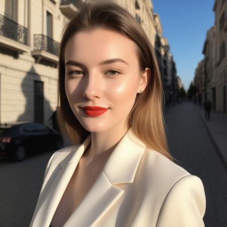 instagram photo, closeup face photo of 18 y.o caucasian girl in blazer, very very beautiful, pale skin, (smile:0.4), hard shadows, big boobs, streets