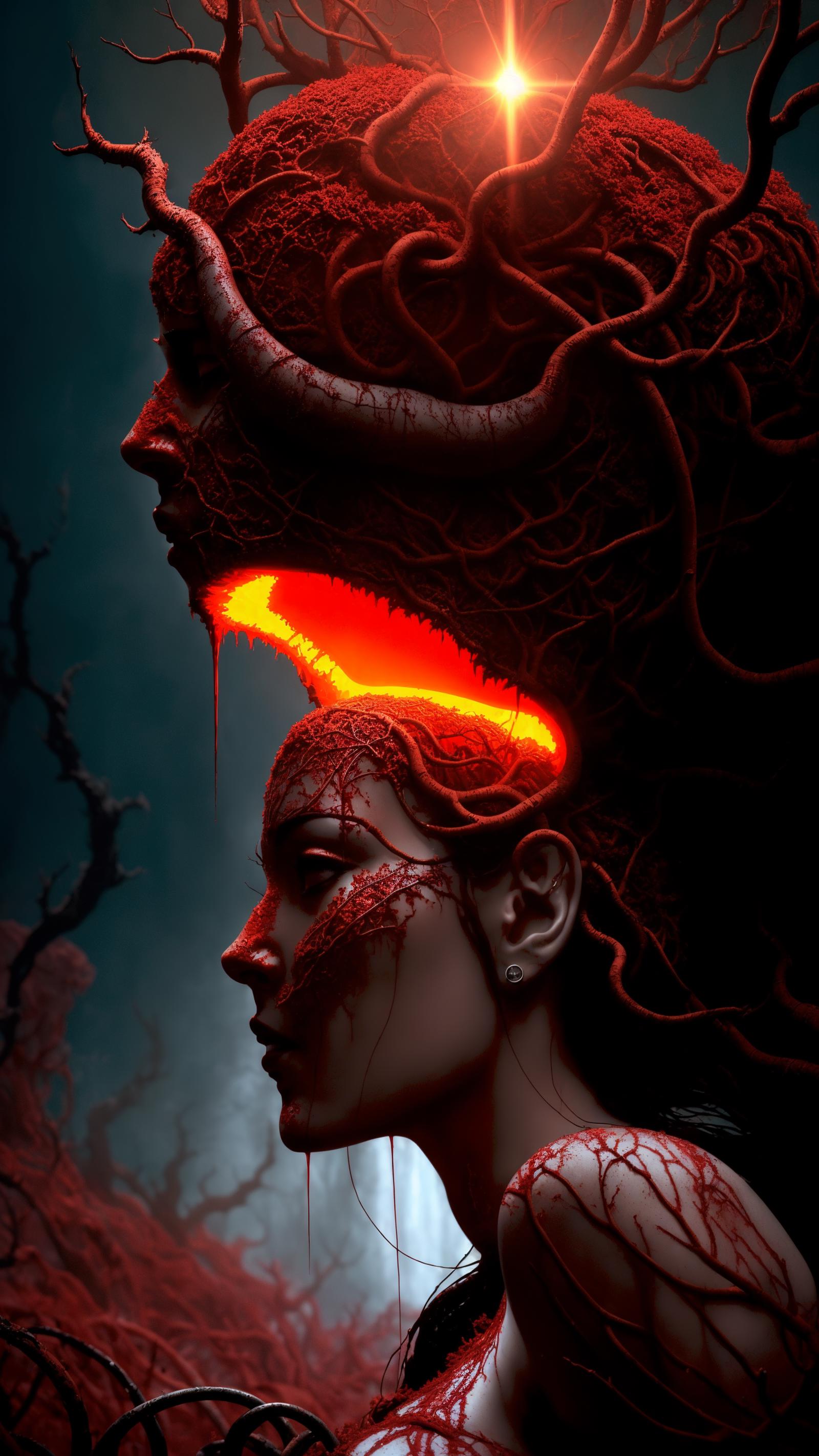 A dark and mysterious image of a woman with blood dripping from her face, surrounded by a forest of blood vessels and a giant red horn.