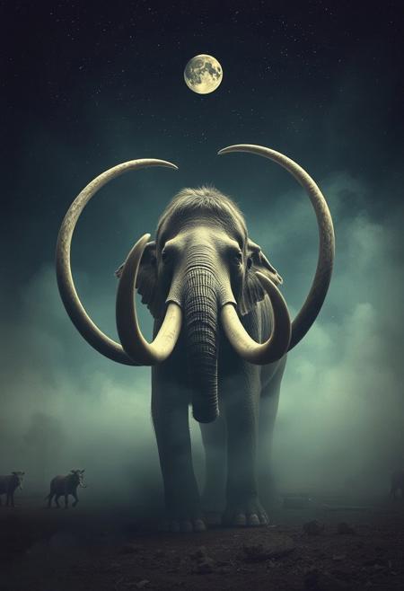 No less to you now than the mastodon then., surreal fine art photography, emotive storytelling, dreamlike atmosphere, expressive textures, ethereal lighting, introspective themes, bold minimalism, intricate linework, whimsical surrealism, dynamic compositions, layered symbolism, soft yet dramatic contrasts, abstract geometry, narrative depth, contemporary and vintage fusion