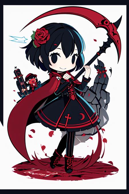 <lora:cobalta:1>1girl, ruby rose, crescent rose, scythe, chibi, solo, flower, short hair, cape, pantyhose, rose, petals, rose petals, smile, red cape, dress, boots, cross-laced footwear, weapon, black hair, red hair, holding, cloak