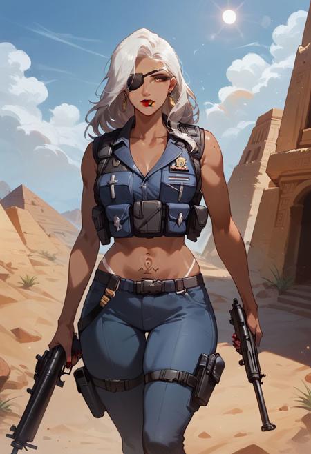 (score_9, score_8_up:1.1), score_7_up, scale 1:1, highly detailed, correct human anatomy, correct hand anatomy, 1 thumb, 4 fingers, detailed eyes;
1girl, solo, 60yo, old ana amari from overwatch, fit female, brown iris, egyptian, black pupils, red lipstick, pretty face, horny, sultry look, tanned skin, white hair, long hair, mature woman, grandmother, wide hips, thick thighs, white eyebrows;
outdoors, desert, pyramids, rim lights, sunlight, noon, background out of focus;
walking, clean face, natural pose, relaxed, tactical vest, handling sniper rifle, military rations; 
smooth colouring, red nails, smooth lines, feminine, lo-fi, best quality, lens effect, bokeh, eyepatch covering eye, color correction, ankh tattoo near eye, full vest, covert ops, clear face, stable hue