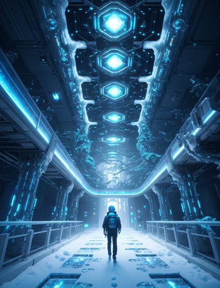 hyper detailed masterpiece, dynamic realistic digital art, awesome quality,DonMFr0stP4nkXL extraterrestrial archaeology institute, quantum-cooled supercomputing rooms, pathway lights,bioluminescent fungi, deck and step lights,snow, ice <lora:DonMFr0stP4nkXL-000006:0.8>