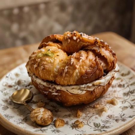A basket of golden, buttery croissants fresh from a French bakery. Each croissant is perfectly flaky, with delicate layers visible along the crisp, outer crust. The tops are a deep golden-brown with a subtle shine, and a few croissants have light dustings of powdered sugar. The setting is a cozy Parisian café, with a cup of espresso and a small jar of strawberry jam on the side.