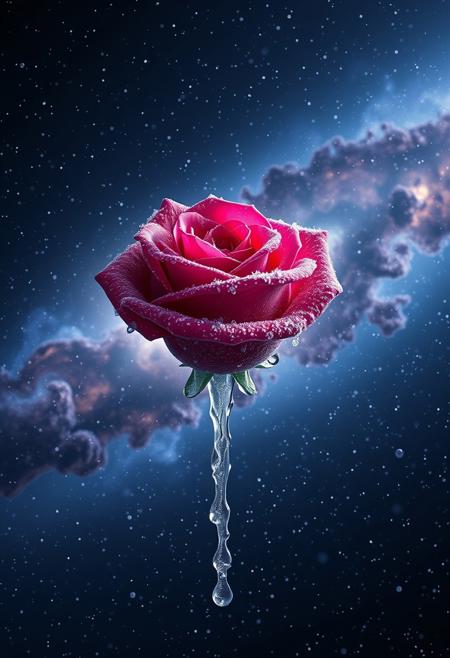 concept art, digital art, deep space, galaxy on a background, nebula, frozen rose flying in open space, subsurface scattering, ray tracing, frozen drops of water, zero gravity