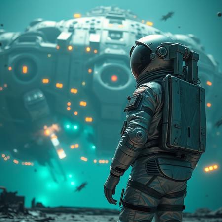 A cinematic shot of an astronaut in a vibrant silver spacesuit standing in the foreground, with a massive, spacecraft as the backdrop. The spacecraft is adorned with numerous lights, windows, and technical details. The astronaut's suit is equipped with various gadgets and patches. The atmosphere is filled with floating debris and a hazy teal glow