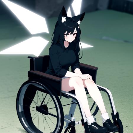 1girl, solo, fox ears, black eyes, black hair, black shirt, short pants, long hair, hair ornament, wheelchair, <lora:STARGLITCHER:0.5>, (((white StarGlitcherWings)))