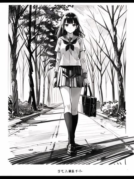 <lora:pensketch_lora_v2.3:0.8> penSketch_style, ink sketch, 1girl, solo, full body, medium hair,school uniform, trees