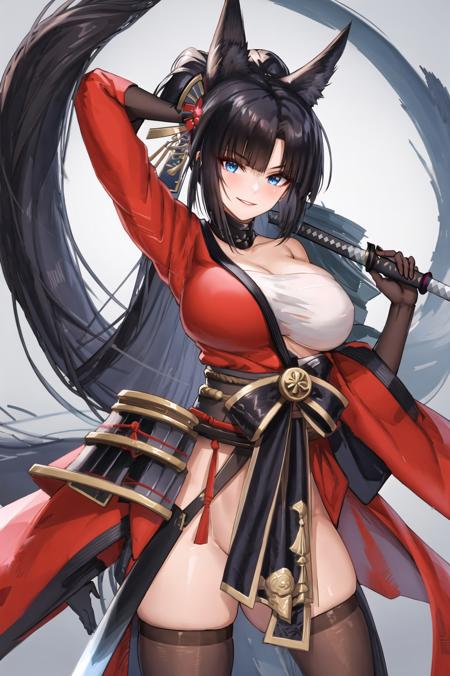 1girl, animal ears, arm up, armor, bangs, black gloves, black hair, black thighhighs, blue eyes, brown thighhighs, fox ears, gloves, hair ornament, holding, holding sword, holding weapon, japanese armor, japanese clothes, katana, kii \(azur lane\), kimono, kusazuri, large breasts, long hair, long sleeves, looking at viewer, open clothes, ponytail, red kimono, sarashi, sash, shoulder armor, smile, sode, solo, sword, thighhighs, thighs, very long hair, white background, wide sleeves