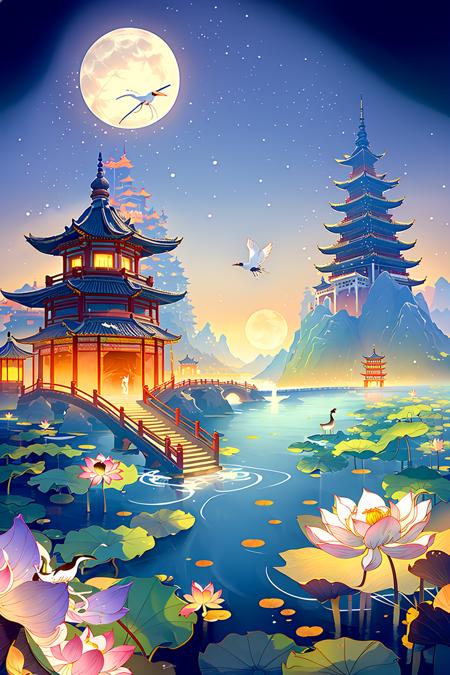 masterpiece,best quality,guochao\(style\), moon, bird, flower, full moon, water, east asian architecture, scenery, architecture, lotus, night, 1girl, lily pad, sky, building <lora:guochao-000006:0.7>,