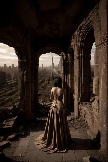 fantasy, surrealistic, (sepia photography:1.5), a young woman in a torn drab party dress is standing inside the (ancient:1.4 ruins of new york city:1.3),  (piles of human skulls and bones litering the scene:1.0), (all around a beautiful idealic scene, a river running through the view, clear sky, lush forest in the distance:1.1), flock of flying birds,  quiet dangerous beauty
by annie lieberwitcz