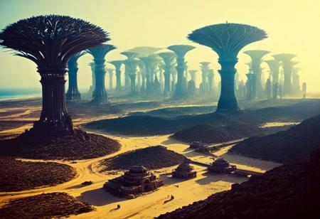 (flux-style)Hyoer Realistic:2.0)Polaroid picture 
an image of 
Socotra, an island in the Arabian Sea about 380 km off Yemen's coast, is the largest in the Socotra Archipelago, a UNESCO World Heritage Site known for its unique biodiversity. Dubbed the "Galápagos of the Indian Ocean," it hosts rare endemic species like the Dragon’s Blood Tree (Dracaena cinnabari) and Bottle Tree (Adenium obesum), alongside pristine beaches, sand dunes, and limestone plateaus. Home to around 60,000 people, Socotra’s isolated culture features the distinct Socotri language. Despite political instability and environmental pressures, its remoteness preserves its natural and cultural heritage, attracting adventurers and scientists.
BREAK High Noon, metropolis, (Cyberpunk future theme, tall energy towers :2.17)