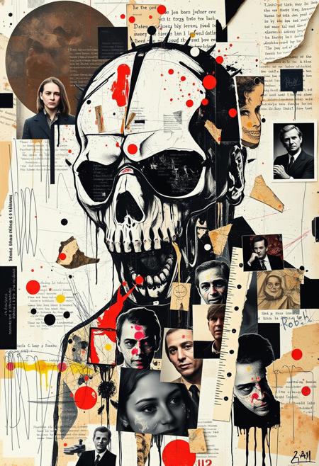 Outsider art. A surreal and deconstructed mixed-media collage in the style of Jacques Prévert with an urgent sense of chaos and energy. An analogue collage artwork blending fragmented styles, layers and textures. 
A punk stencil photocopy print of a man wearing a mask of dead people's skin.
Layered over this obscuring the image are multiple fragmented and overlapping layers of chaotic thick paint, splatters of paint, palette knife oil paint, handwritten scrawled text messages, torn photographs and broken distorted vintage photographs filling the canvas. 
Layers sections of repetitive brightly coloured dots in Yayoi Kusama style. Fragmented scribbles and abstract graffiti images in Jean-Michel Basquiat style over the top. This hides sections of the image below. Outlines are roughly redrawn in black ink and thick oil paint. The overall effect is manic and anarchic with an urgent sense of energy.