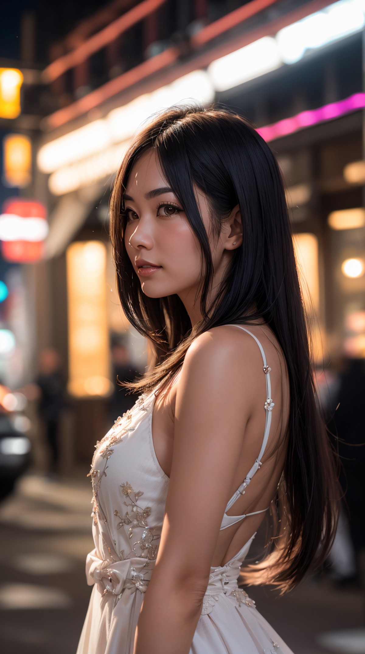 RAW photo, Vibrant Light trails, candid image of a Eurasian woman [Ashley|Mai] looking to the side, surrounded by multicol...