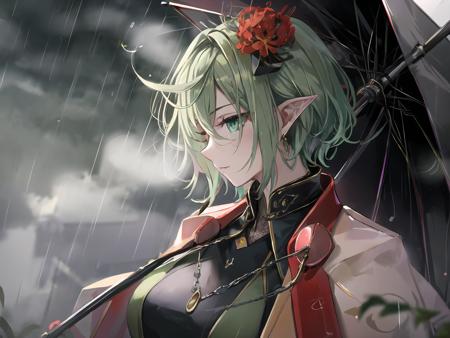 masterpiece,best quality,highres,cinematic lighting,dramatic angle,1girl,green hair,green eyes,hair flower,pointy ears,<lora:ShadowverseMagachiyoV3-000017:0.8:lbw=mgcy>,black suit,black pants,sash,capelet,holding umbrella,profile,depth of field,necklace,expressionless,blurry background,steam,fog,rainy,raindrops,heavy rain,gradient background,traffic lights,headlight,from side,<lora:add_detail:0.5>