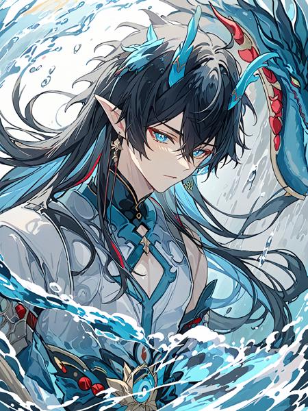 <lora:dan_heng:1>,1boy,male_focus,horns,jewelry,pointy_ears,black_hair,long_hair,chinese_clothes,earrings,solo,looking_at_viewer,dragon,blue_eyes,dragon_horns,water,dragon_boy,tassel_earrings,