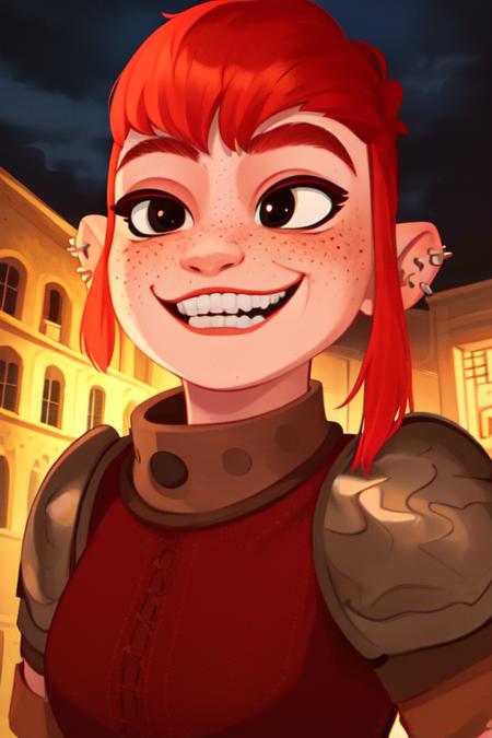 Nimona, short red hair,  freckles, sidelocks,black eyes,  upper body, smiling,  mouth open, 
NimSuit,ear piercing,armor,bandages,gloves ,dress,brown footwear,
nighttime,  barracks, 
 (insanely detailed, beautiful detailed face, masterpiece, best quality)    <lora:Nimona-10:0.7>